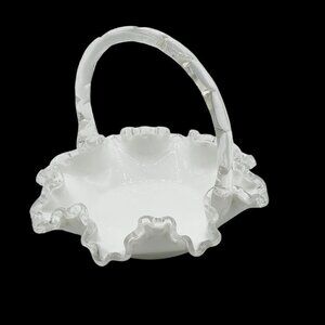 Fenton Silver Crest Milk Glass Clear Ruffle 8" Handled Basket Wedding Easter 8"